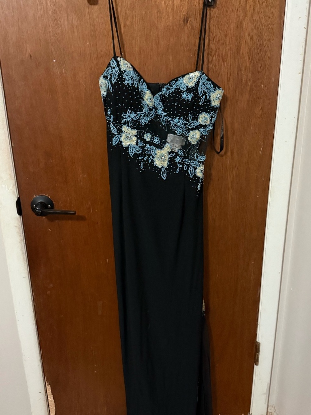 Black Beaded Prom Dress with Blue Floral Embellishments & Side Slit